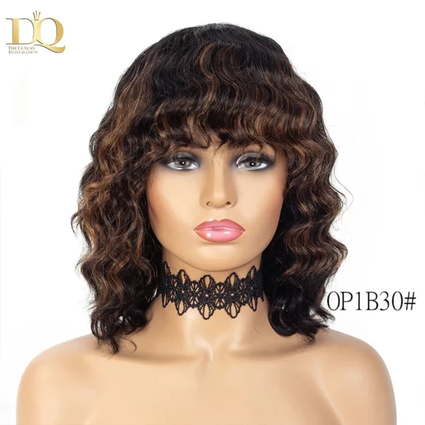 Curly Highlight Brazilian Hair Wig With Bangs Remy - Image 8