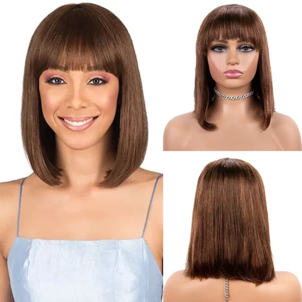 Short Straight Bob Wigs With Bangs Brazilian Balayage Highlight Ombre - Image 7