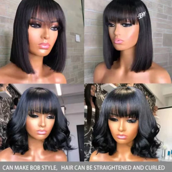 Short Straight Bob Wigs With Bangs Brazilian Balayage Highlight Ombre - Image 5