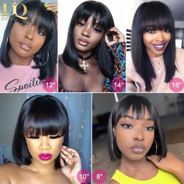 Bob Wigs with Bangs Short Straight Brazilian Remy No Lace Front Glueless - Image 2