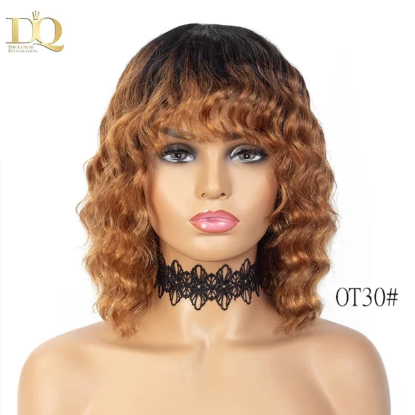 Curly Highlight Brazilian Hair Wig With Bangs Remy - Image 7