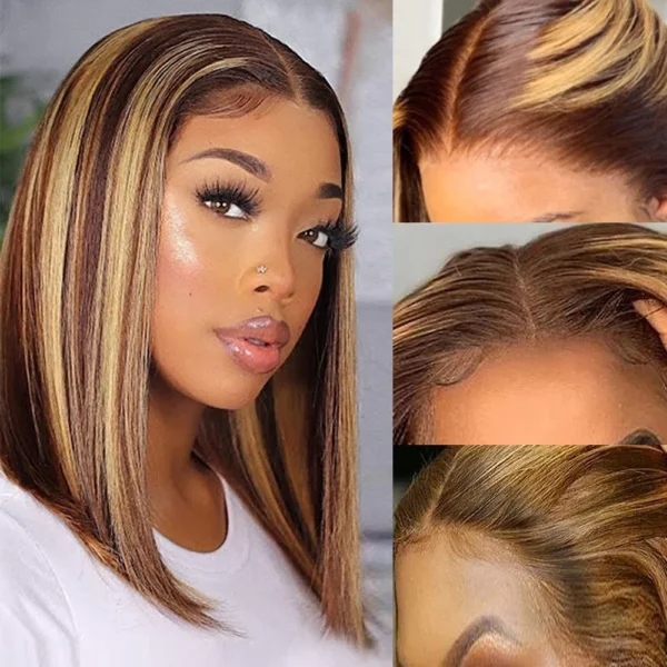 Highlight Straight Short Bob Transparent Lace Frontal Ombre Highlight Wig - Image 5