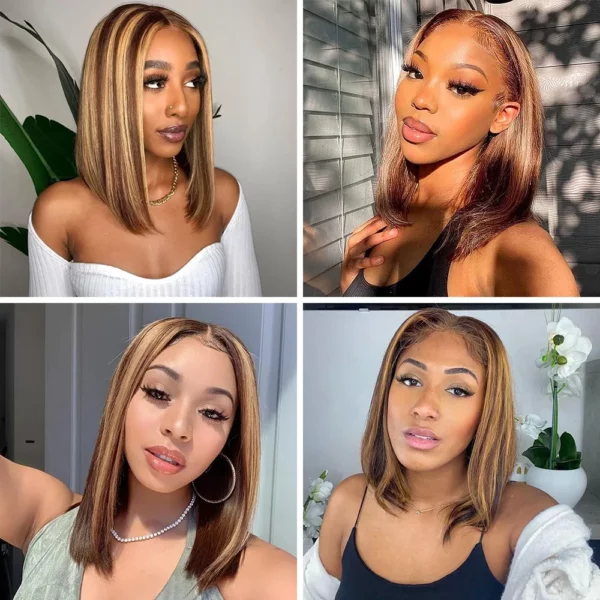 Highlight Straight Short Bob Transparent Lace Frontal Ombre Highlight Wig - Image 4