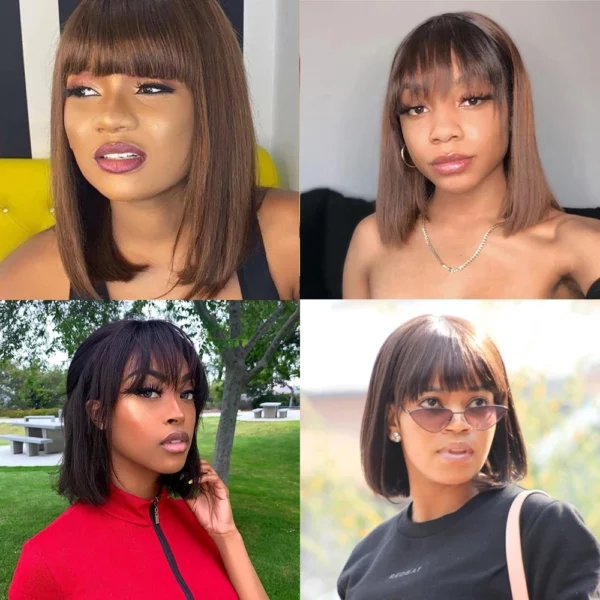 Short Straight Bob Wigs With Bangs Brazilian Balayage Highlight Ombre - Image 10