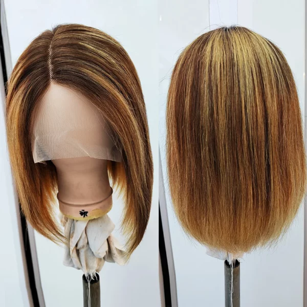 Highlight Straight Short Bob Transparent Lace Frontal Ombre Highlight Wig