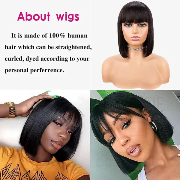 Bob Wigs with Bangs Short Straight Brazilian Remy No Lace Front Glueless - Image 4