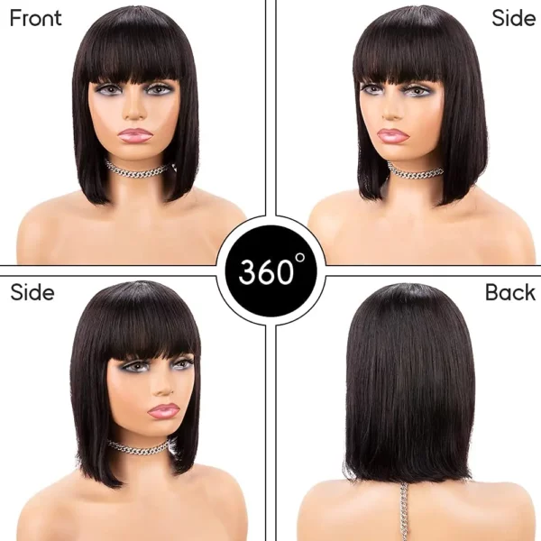 Bob Wigs with Bangs Short Straight Brazilian Remy No Lace Front Glueless - Image 3