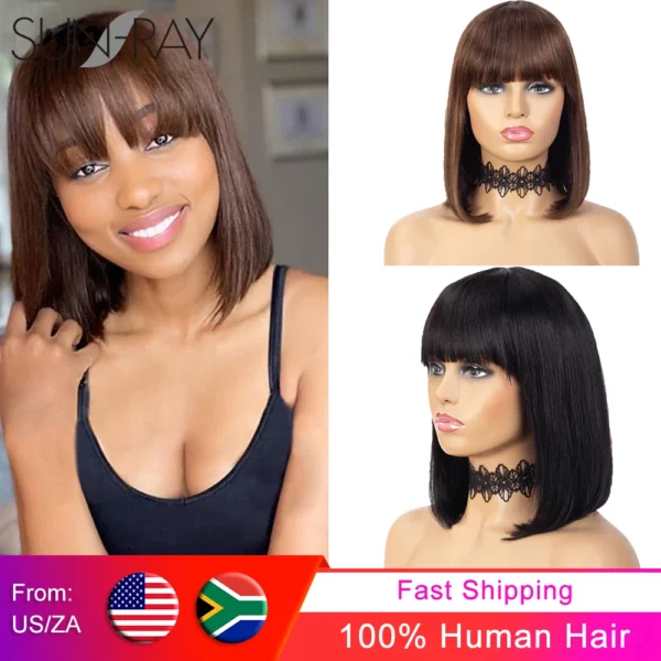 Short Straight Bob Wigs With Bangs Brazilian Balayage Highlight Ombre