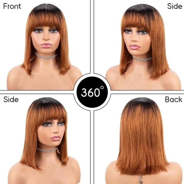 Short Straight Bob Wigs With Bangs Brazilian Balayage Highlight Ombre - Image 4