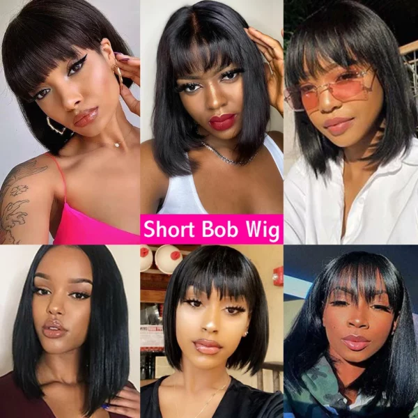 Short Straight Bob with Bang Wigs Highlight No Lace - Image 2