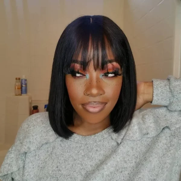 Bob Wigs with Bangs Short Straight Brazilian Remy No Lace Front Glueless